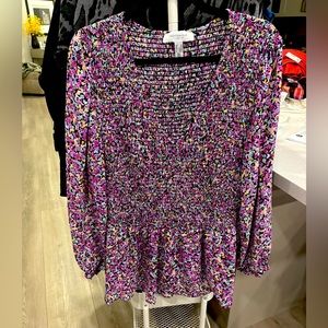 AE Size 3X Blouse raspberry, purple, gold, green, black background.